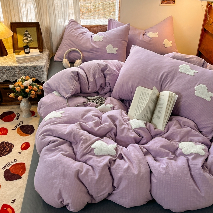 91家纺网 家纺一手货源 找家纺 花伞家居 2026新款小马毛巾绣双层纱四件套含买家秀 马上发财-风信紫