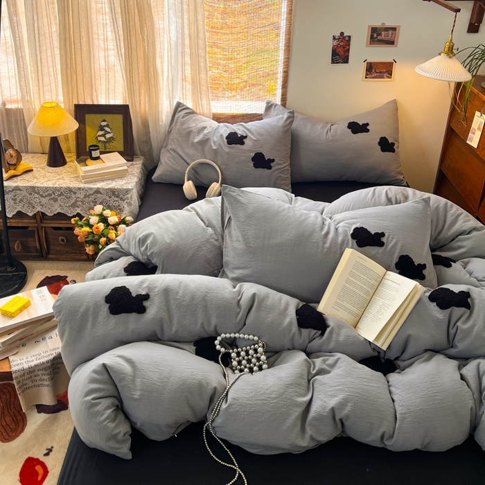 91家纺网 家纺一手货源 找家纺 花伞家居 2026新款小马毛巾绣双层纱四件套含买家秀 马上发财-松烟灰