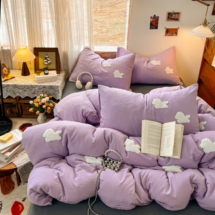 91家纺网 家纺一手货源 找家纺 花伞家居 2026新款小马毛巾绣双层纱四件套含买家秀 马上发财-风信紫