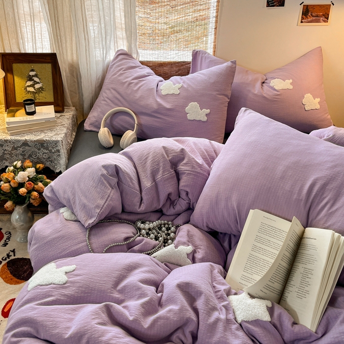 91家纺网 家纺一手货源 找家纺 花伞家居 2026新款小马毛巾绣双层纱四件套含买家秀 马上发财-风信紫