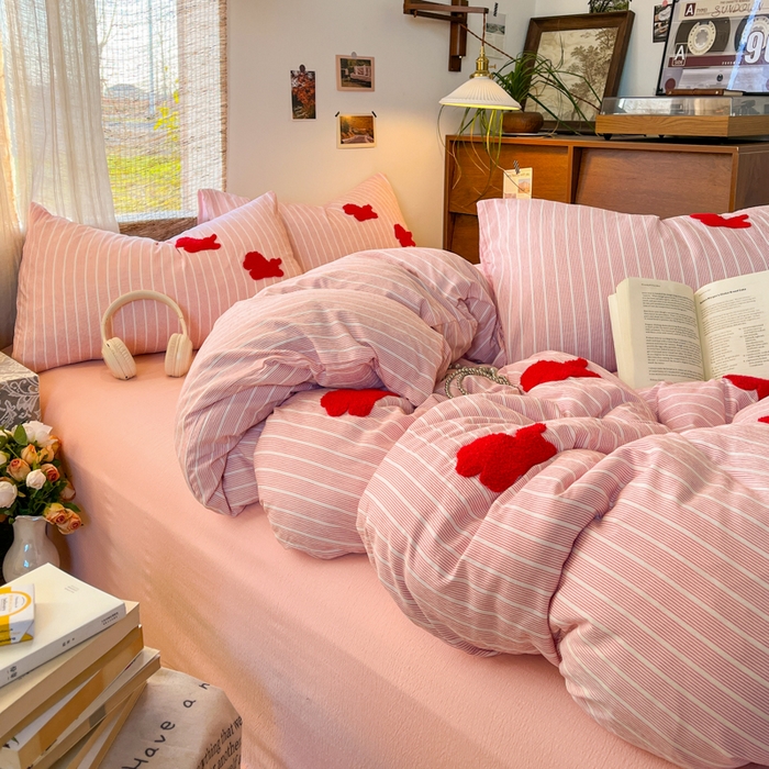 91家纺网 家纺一手货源 找家纺 花伞家居 2026新款小马毛巾绣双层纱四件套含买家秀 马上发财-粉条纹