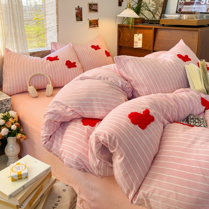 花伞家居 2026新款小马毛巾绣双层纱四件套含买家秀 马上发财-粉条纹