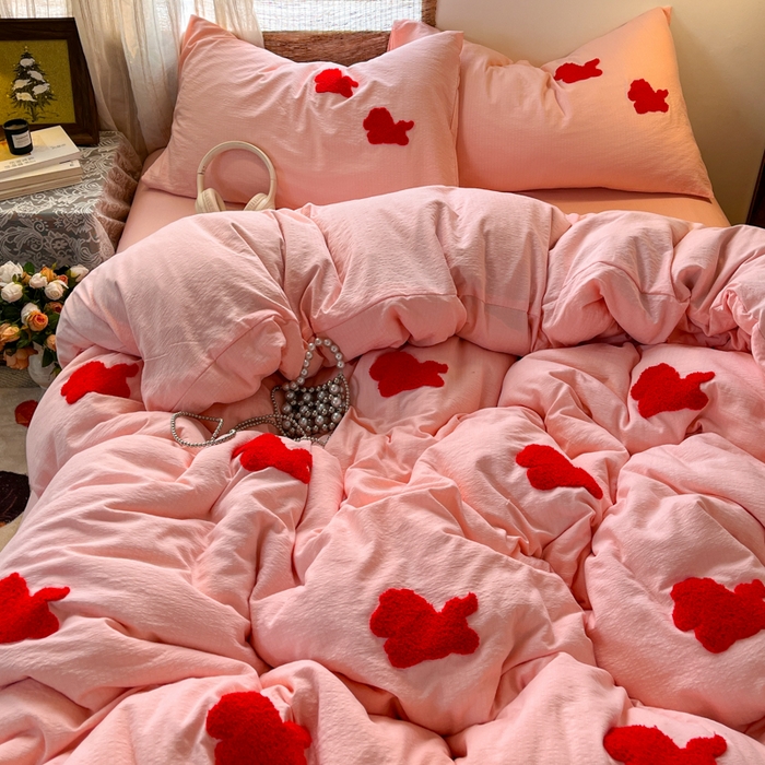 91家纺网 家纺一手货源 找家纺 花伞家居 2026新款小马毛巾绣双层纱四件套含买家秀 马上发财-玉