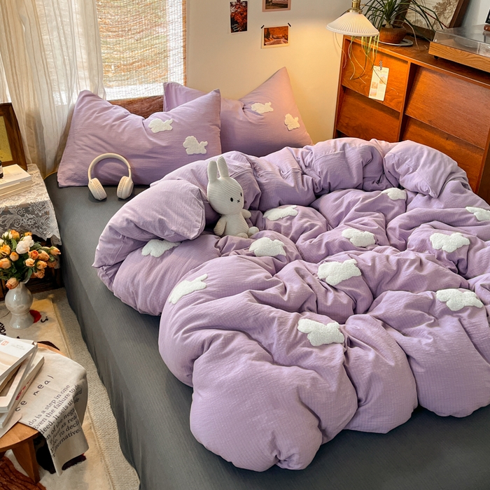 91家纺网 家纺一手货源 找家纺 花伞家居 2026新款小马毛巾绣双层纱四件套含买家秀 马上发财-风信紫