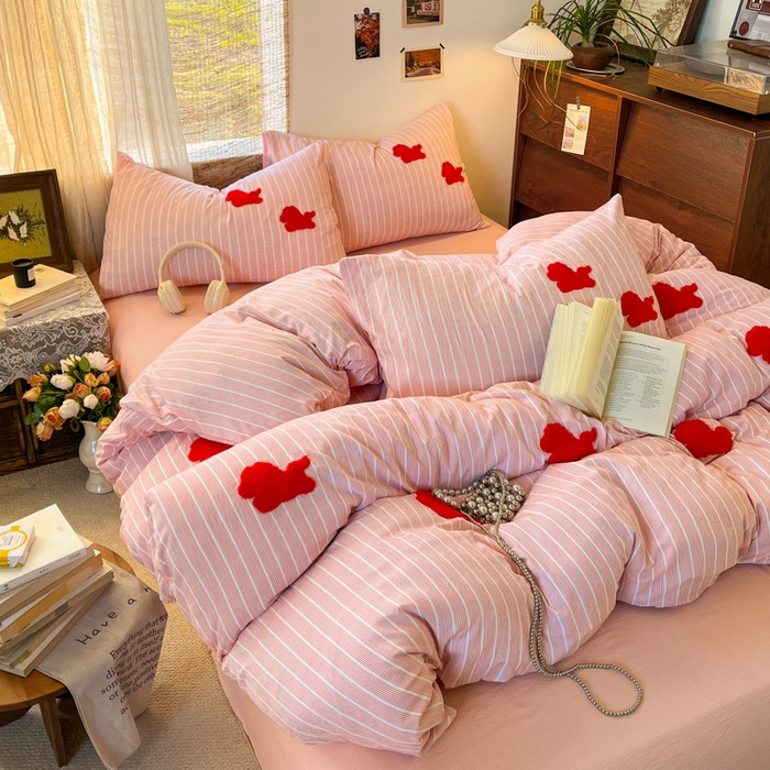 91家纺网 家纺一手货源 找家纺 花伞家居 2026新款小马毛巾绣双层纱四件套含买家秀 马上发财-粉条纹