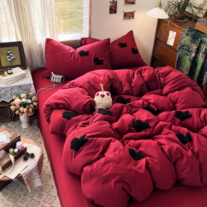 91家纺网 家纺一手货源 找家纺 花伞家居 2026新款小马毛巾绣双层纱四件套含买家秀 马上发财-红