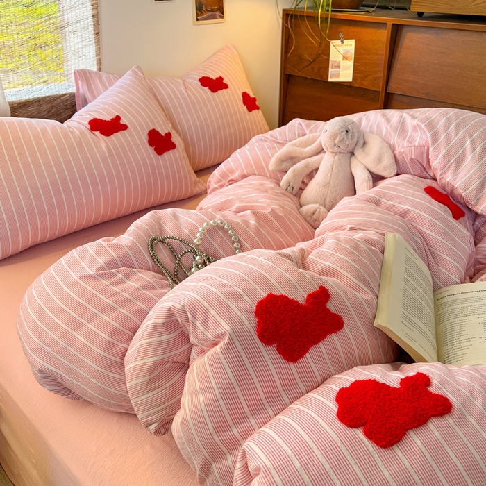 91家纺网 家纺一手货源 找家纺 花伞家居 2026新款小马毛巾绣双层纱四件套含买家秀 马上发财-粉条纹