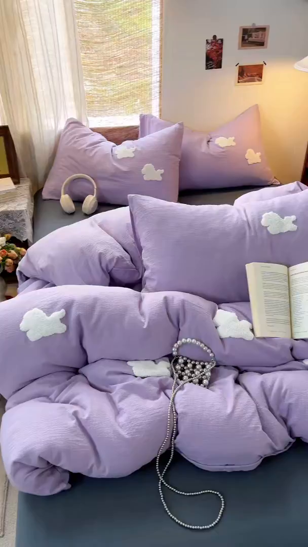 91家纺网 家纺一手货源 找家纺 花伞家居 2026新款小马毛巾绣双层纱四件套含买家秀 马上发财-风信紫