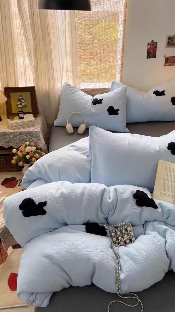 91家纺网 家纺一手货源 找家纺 花伞家居 2026新款小马毛巾绣双层纱四件套含买家秀 马上发财-奶蓝