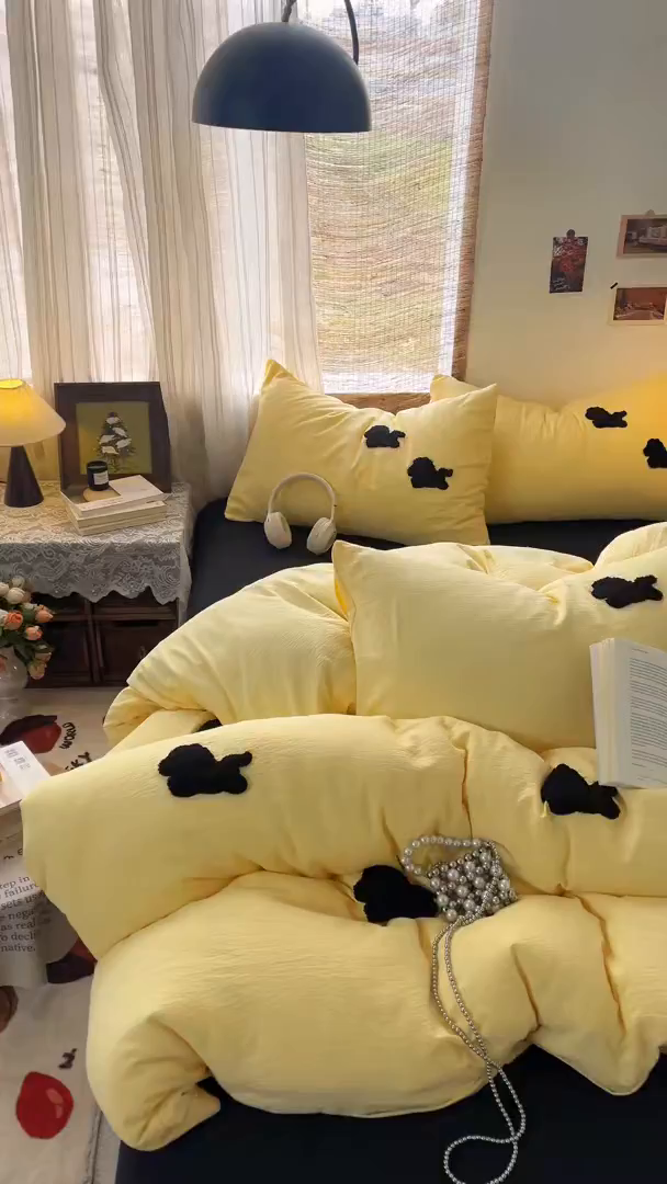 91家纺网 家纺一手货源 找家纺 花伞家居 2026新款小马毛巾绣双层纱四件套含买家秀 马上发财-茉莉黄