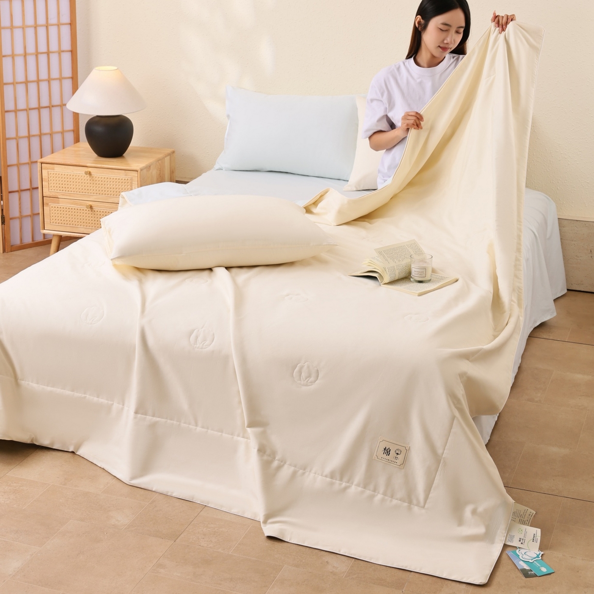 91家纺网 家纺一手货源 找家纺 盛凡家纺 2026新款A类133*72里外全棉100%棉花夏被四件套夏凉被空调被子被芯 茶白+水绿