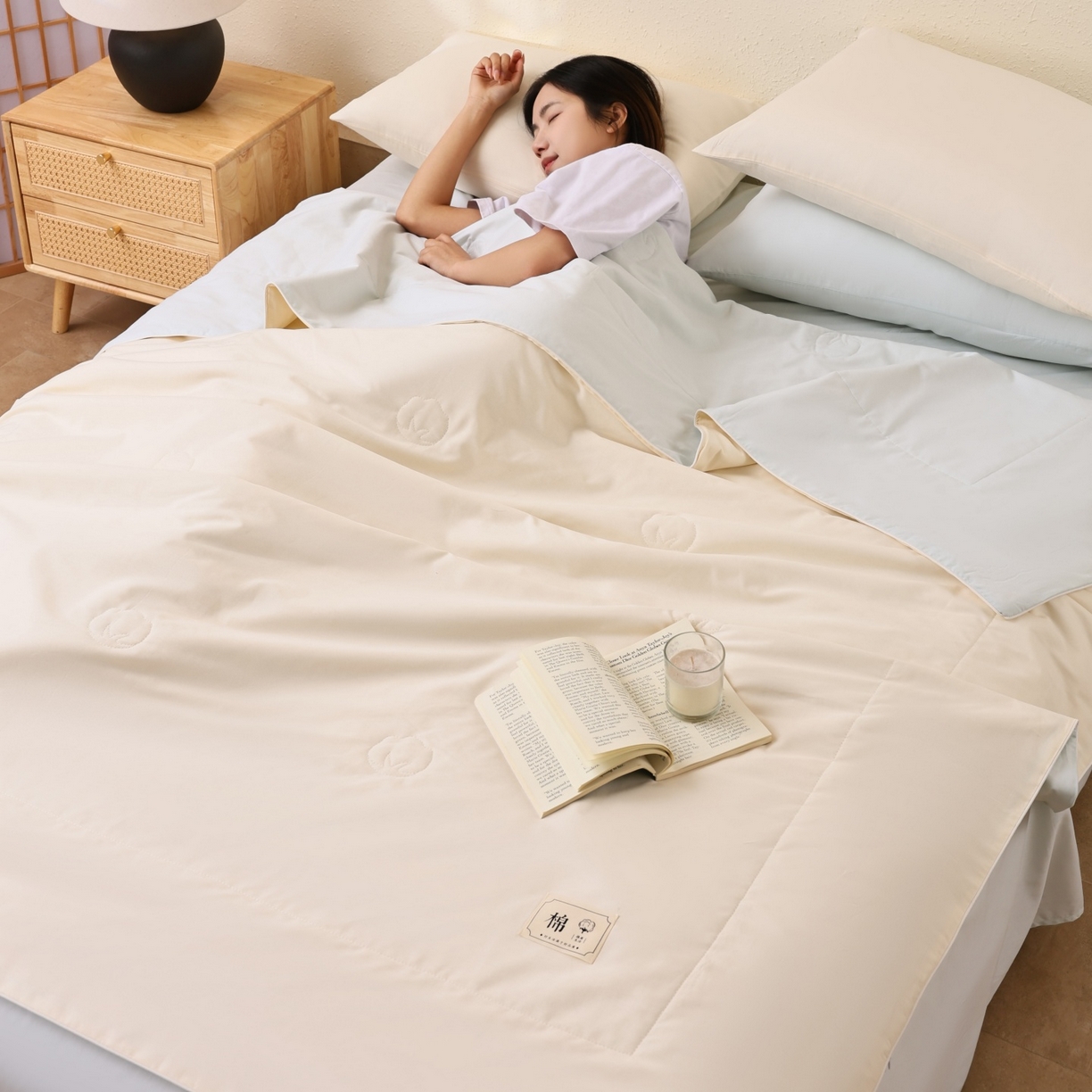 91家纺网 家纺一手货源 找家纺 盛凡家纺 2026新款A类133*72里外全棉100%棉花夏被四件套夏凉被空调被子被芯 茶白+水绿