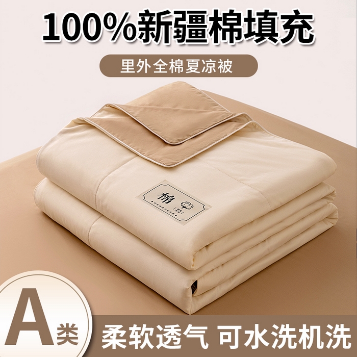 盛凡家纺 2026新款A类133*72里外全棉100%棉花夏被四件套夏凉被空调被子被芯 茶白+奶咖