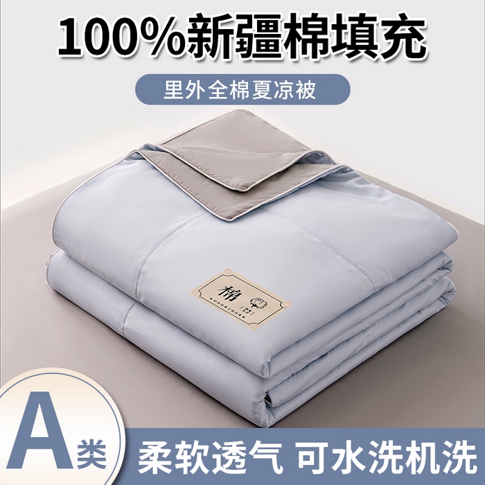 盛凡家纺 2026新款A类133*72里外全棉100%棉花夏被四件套夏凉被空调被子被芯 花青兰+幻影灰