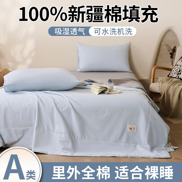 91家纺网 家纺一手货源 找家纺 盛凡家纺 2026新款A类133*72里外全棉100%棉花夏被四件套夏凉被空调被子被芯 花青兰+幻影灰