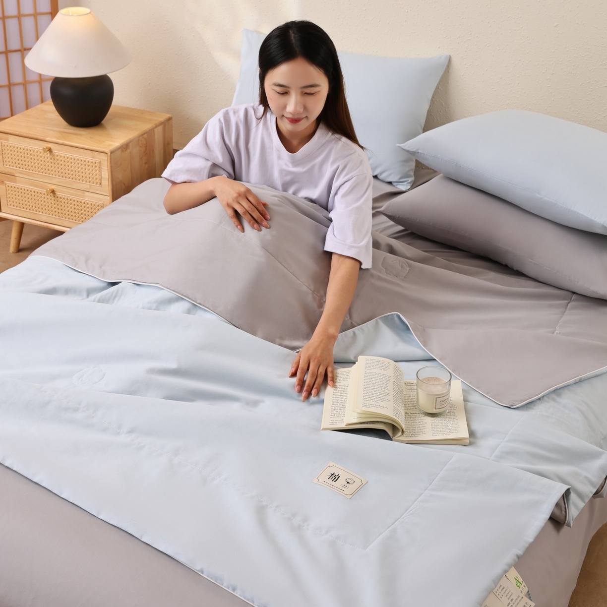 91家纺网 家纺一手货源 找家纺 盛凡家纺 2026新款A类133*72里外全棉100%棉花夏被四件套夏凉被空调被子被芯 花青兰+幻影灰