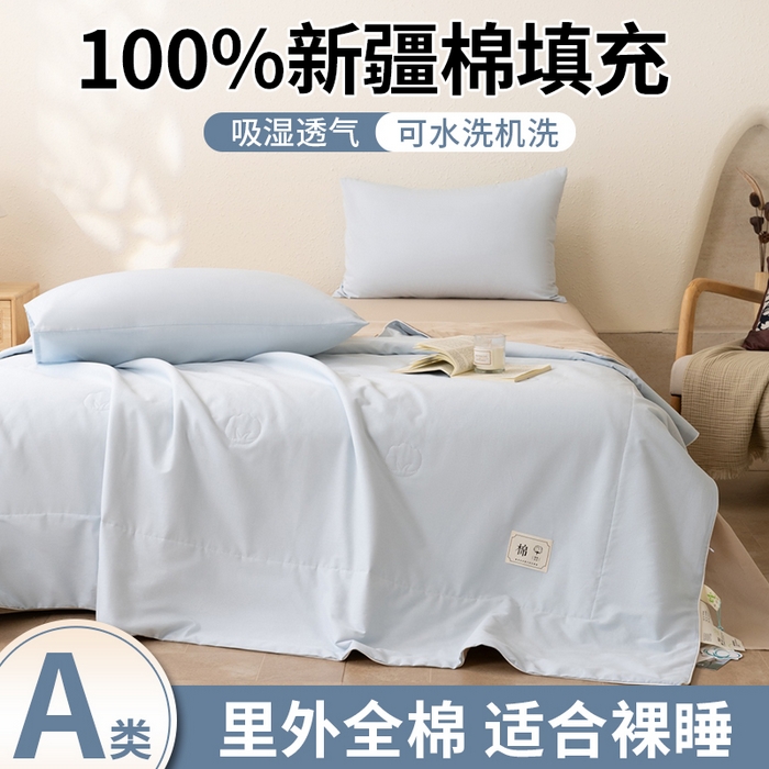 91家纺网 家纺一手货源 找家纺 盛凡家纺 2026新款A类133*72里外全棉100%棉花夏被四件套夏凉被空调被子被芯 花青兰+奶咖