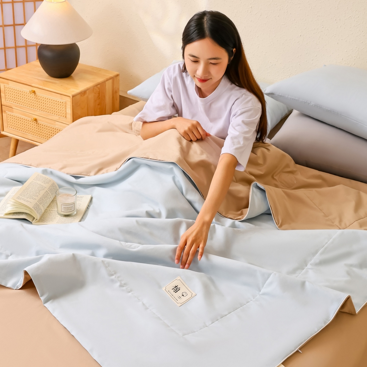 91家纺网 家纺一手货源 找家纺 盛凡家纺 2026新款A类133*72里外全棉100%棉花夏被四件套夏凉被空调被子被芯 花青兰+奶咖