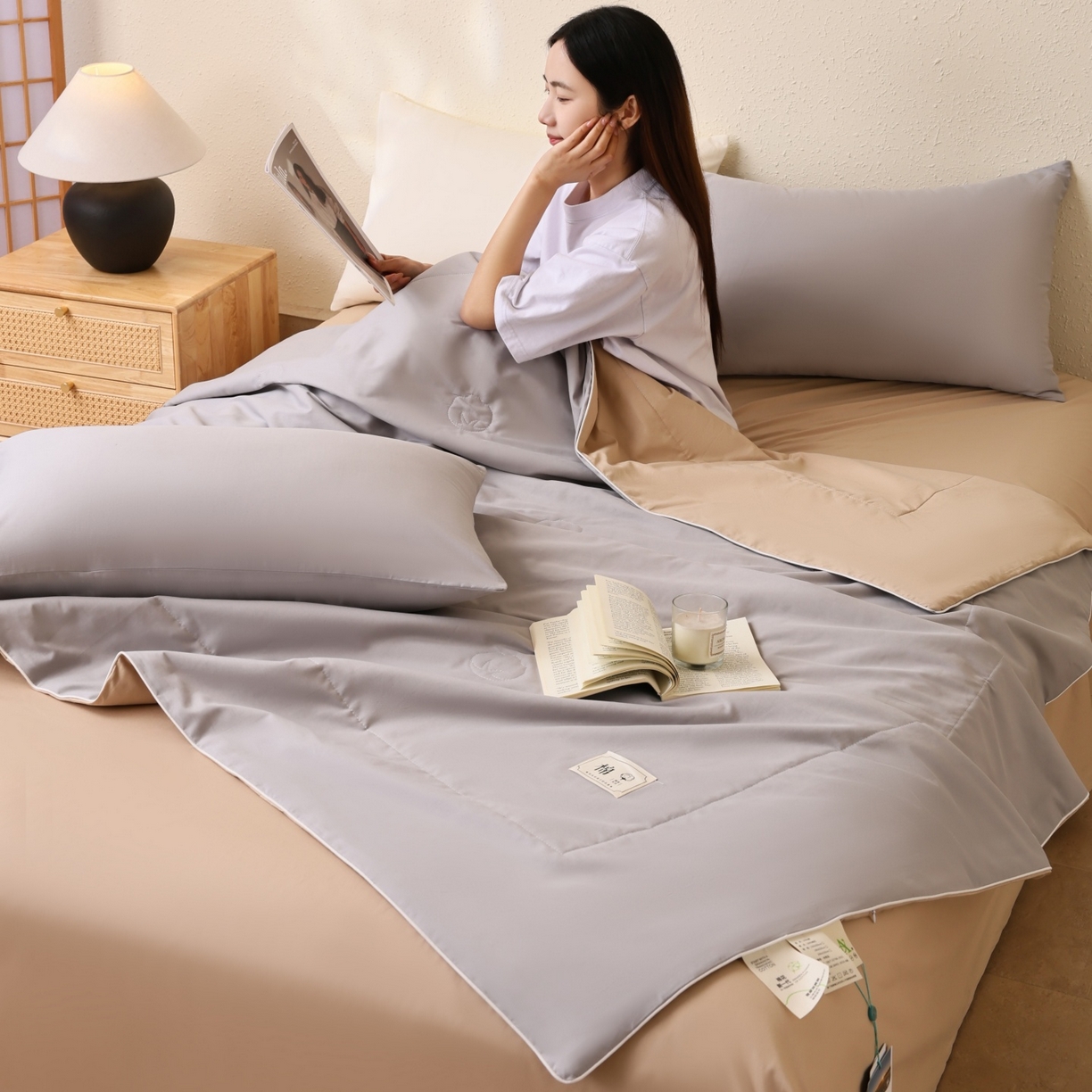 91家纺网 家纺一手货源 找家纺 盛凡家纺 2026新款A类133*72里外全棉100%棉花夏被四件套夏凉被空调被子被芯 幻影灰+奶咖