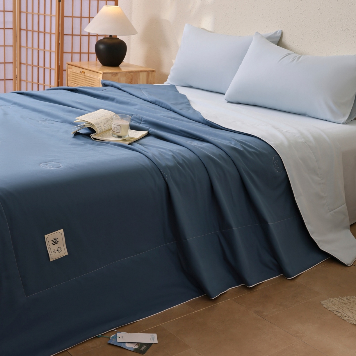 91家纺网 家纺一手货源 找家纺 盛凡家纺 2026新款A类133*72里外全棉100%棉花夏被四件套夏凉被空调被子被芯 深睡蓝