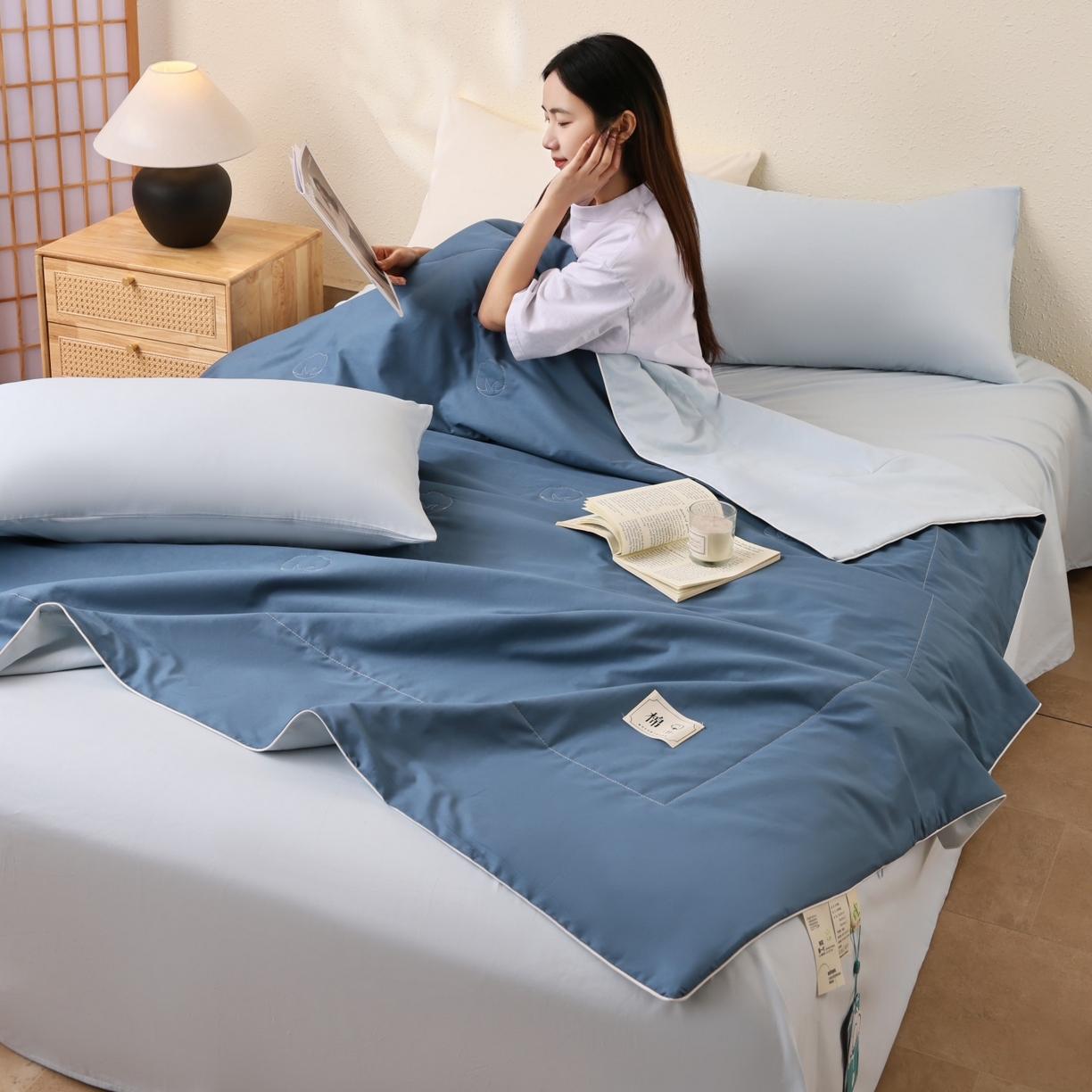 91家纺网 家纺一手货源 找家纺 盛凡家纺 2026新款A类133*72里外全棉100%棉花夏被四件套夏凉被空调被子被芯 深睡蓝