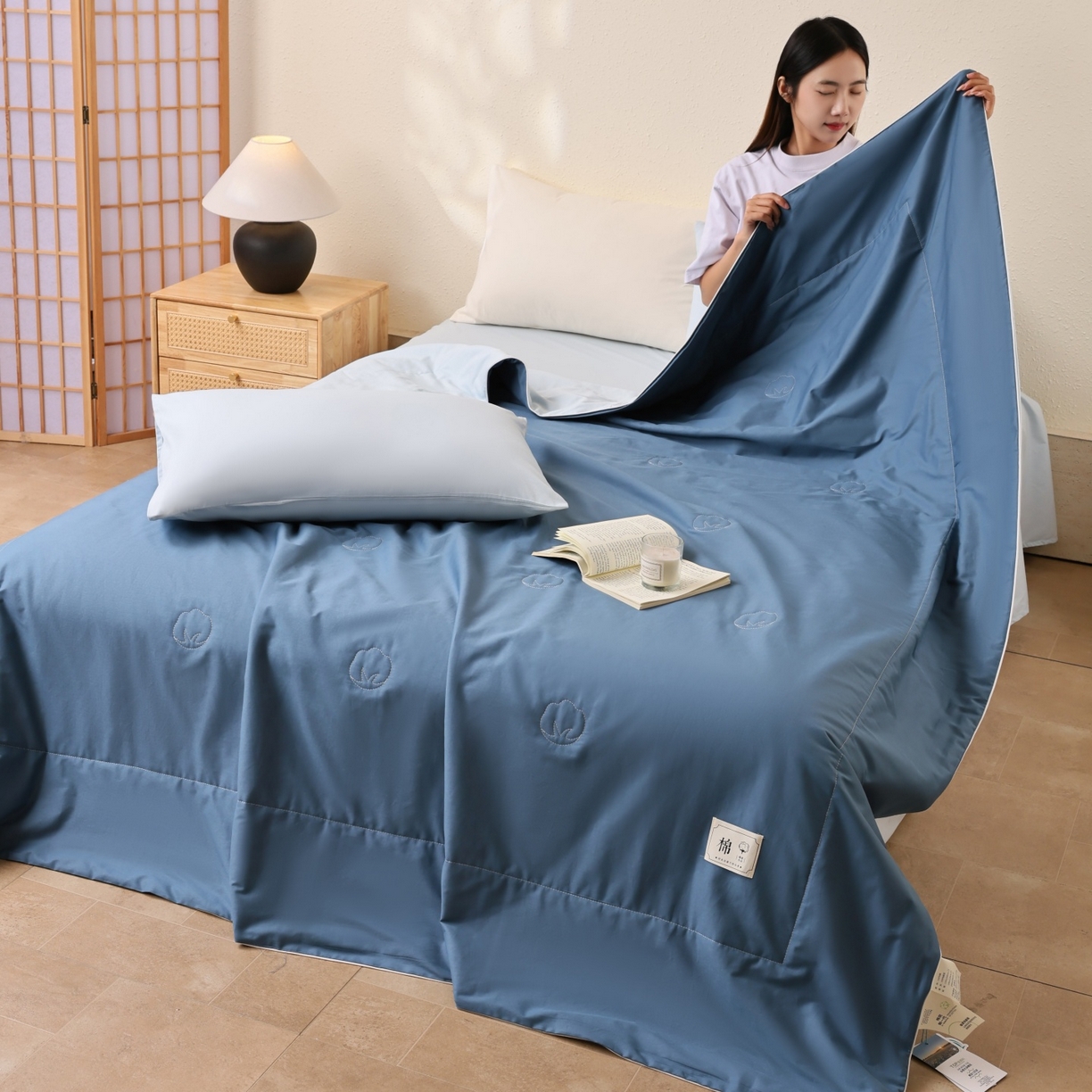 91家纺网 家纺一手货源 找家纺 盛凡家纺 2026新款A类133*72里外全棉100%棉花夏被四件套夏凉被空调被子被芯 深睡蓝