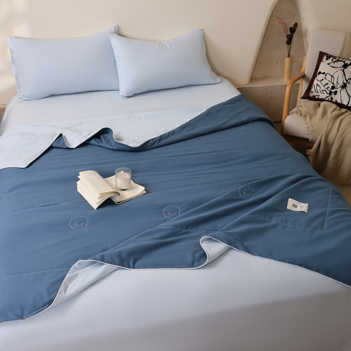 91家纺网 家纺一手货源 找家纺 盛凡家纺 2026新款A类133*72里外全棉100%棉花夏被四件套夏凉被空调被子被芯 深睡蓝