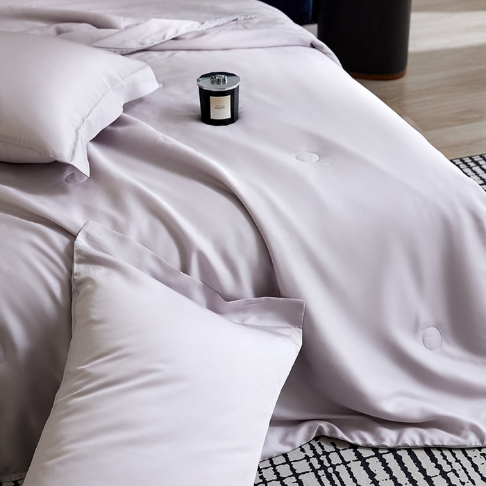 91家纺网 家纺一手货源 找家纺 慕梵家居 2026春夏新款100%莱赛尔天丝夏被空调被夏凉被四件套 经典灰