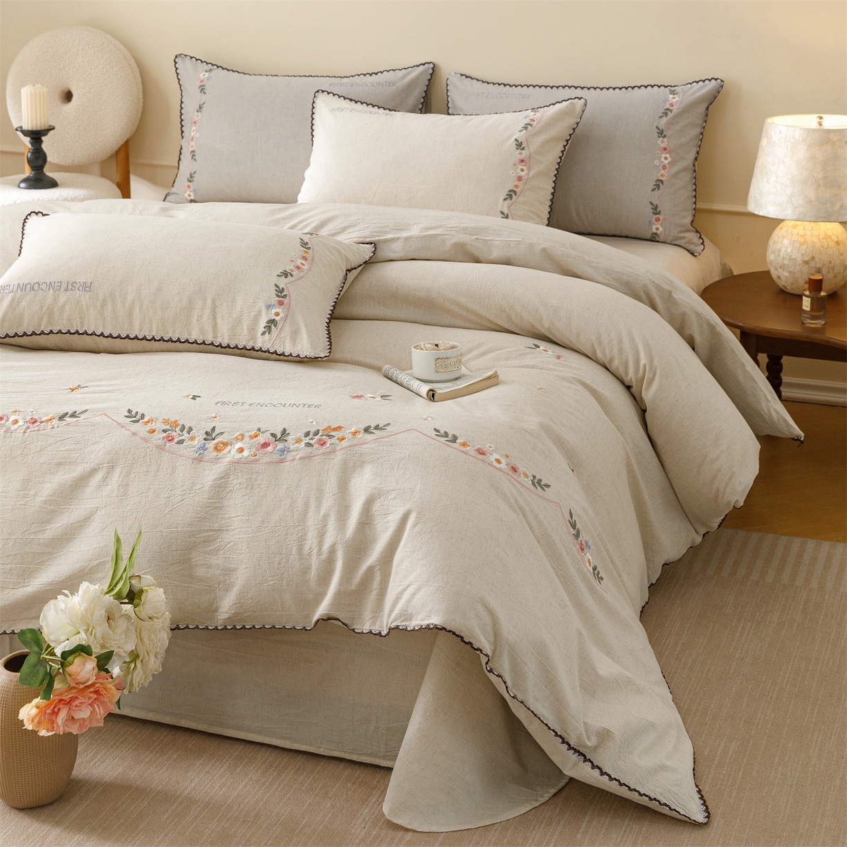 91家纺网 家纺一手货源 找家纺 （总）艾莱家纺 2026新款棉麻刺绣花边款四件套花屿熙