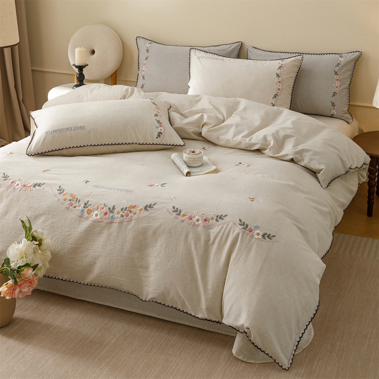 91家纺网 家纺一手货源 找家纺 （总）艾莱家纺 2026新款棉麻刺绣花边款四件套花屿熙