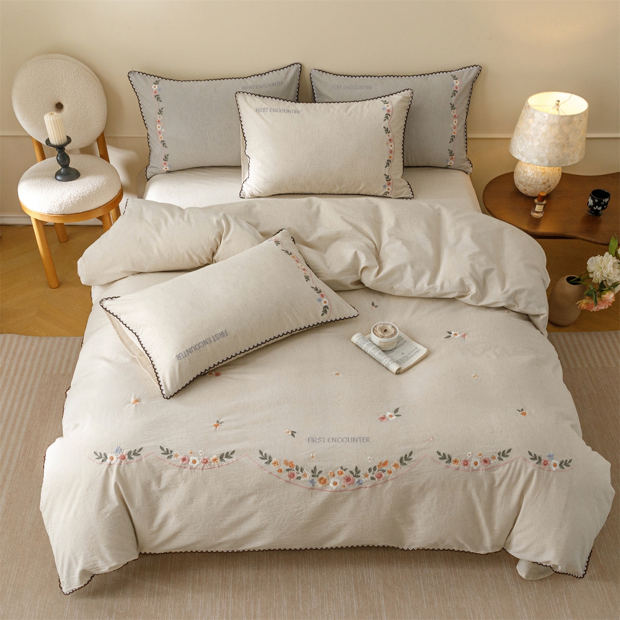 91家纺网 家纺一手货源 找家纺 （总）艾莱家纺 2026新款棉麻刺绣花边款四件套花屿熙