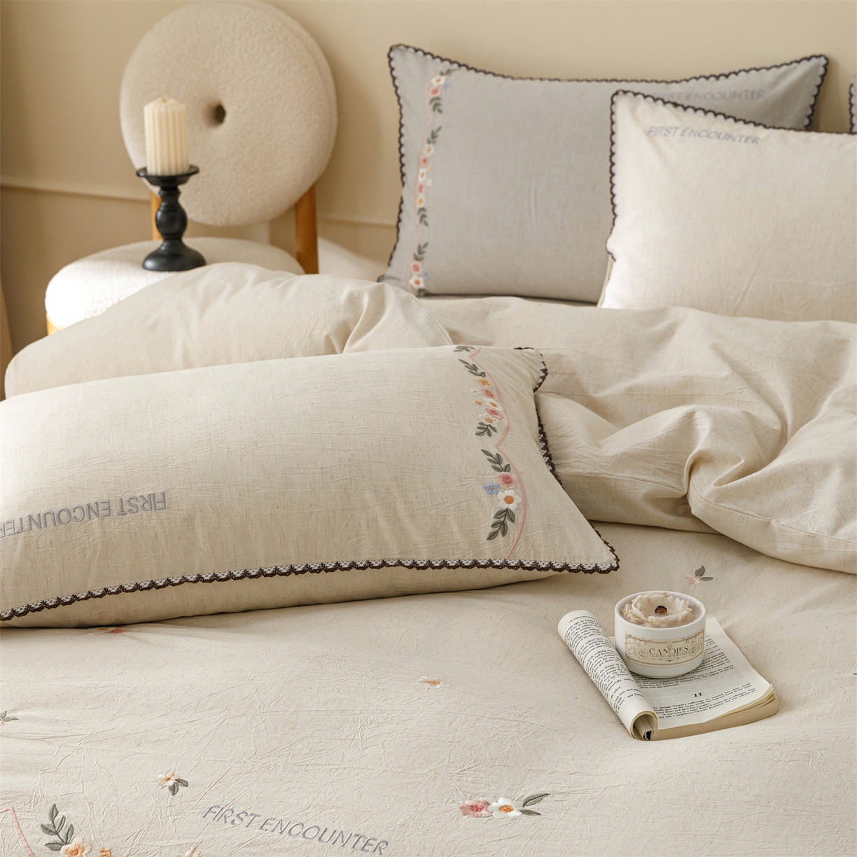 91家纺网 家纺一手货源 找家纺 （总）艾莱家纺 2026新款棉麻刺绣花边款四件套花屿熙