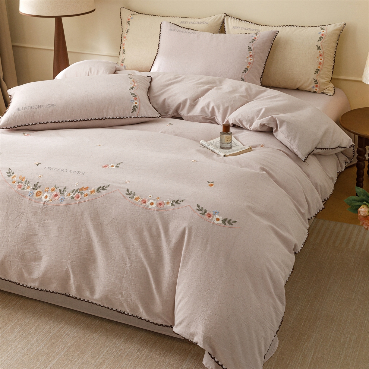 艾莱家纺 2026新款棉麻刺绣花边款四件套花屿熙 花屿熙-浅紫