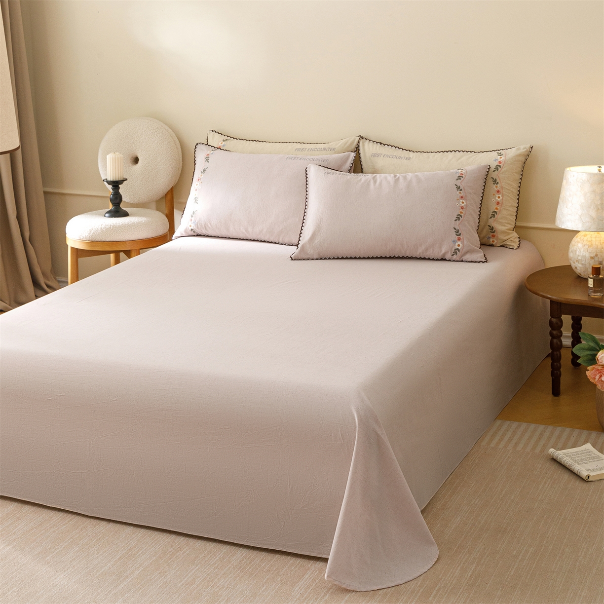 91家纺网 家纺一手货源 找家纺 艾莱家纺 2026新款棉麻刺绣花边款四件套花屿熙 花屿熙-浅紫