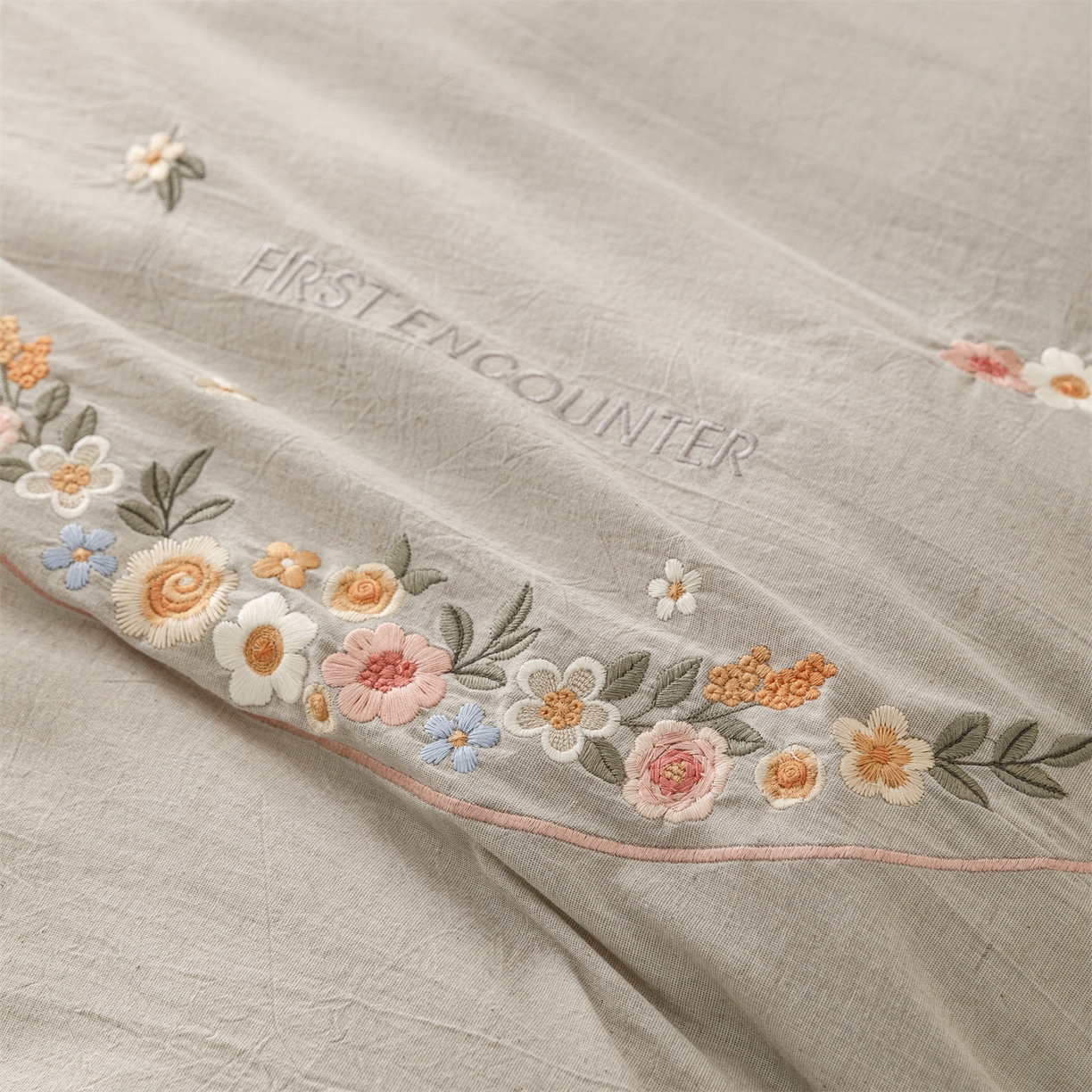 91家纺网 家纺一手货源 找家纺 艾莱家纺 2026新款棉麻刺绣花边款四件套花屿熙 花屿熙-灰色