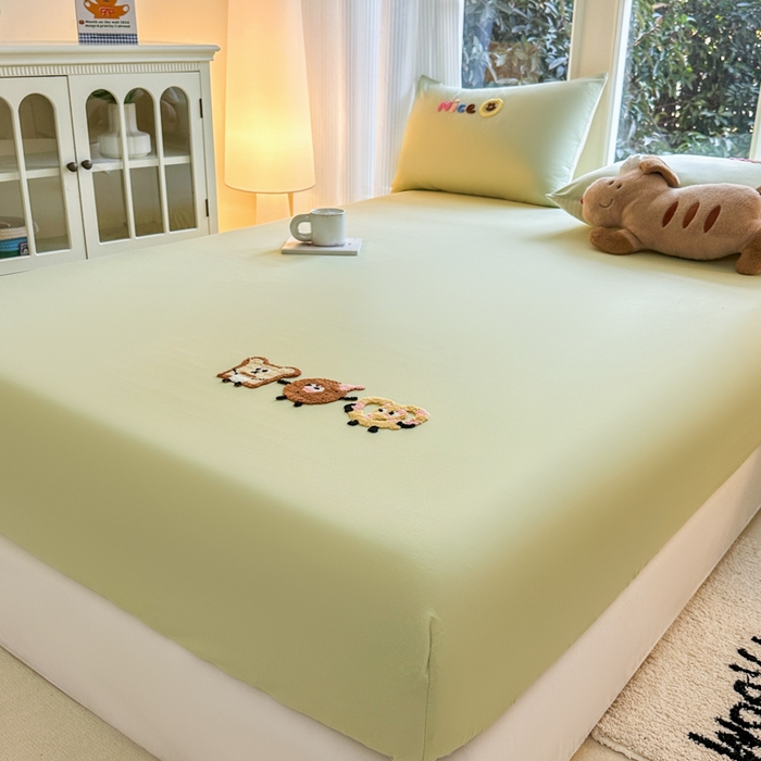 91家纺网 家纺一手货源 找家纺 欣宜家纺 2026新款卡通全棉纯棉纯色绣花床垫保护套罩单床笠床笠单件单品床笠 奶油绿