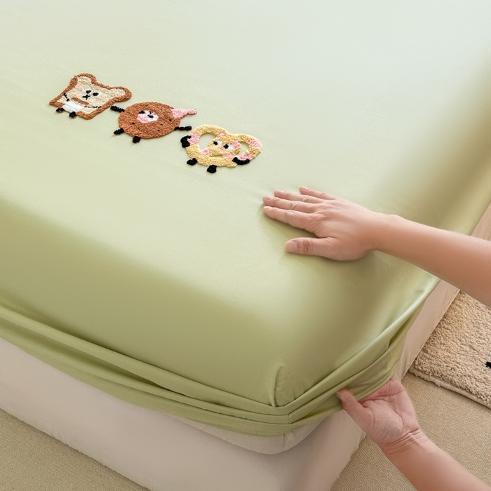 91家纺网 家纺一手货源 找家纺 欣宜家纺 2026新款卡通全棉纯棉纯色绣花床垫保护套罩单床笠床笠单件单品床笠 奶油绿