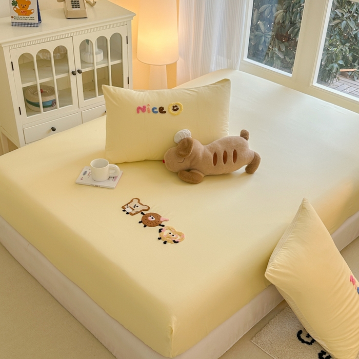 91家纺网 家纺一手货源 找家纺 欣宜家纺 2026新款卡通全棉纯棉纯色绣花床垫保护套罩单床笠床笠单件单品床笠 奶油黄