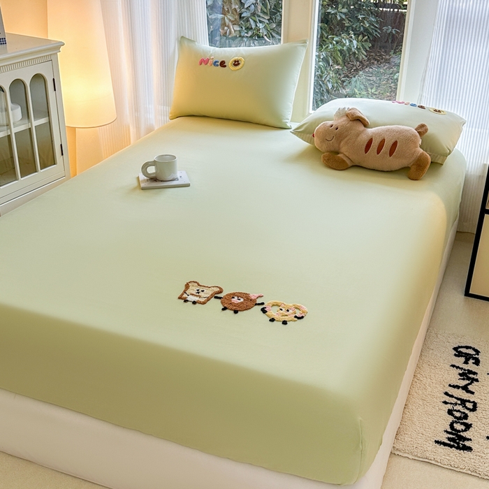 91家纺网 家纺一手货源 找家纺 欣宜家纺 2026新款卡通全棉纯棉纯色绣花床垫保护套罩单床笠床笠单件单品床笠 奶油绿