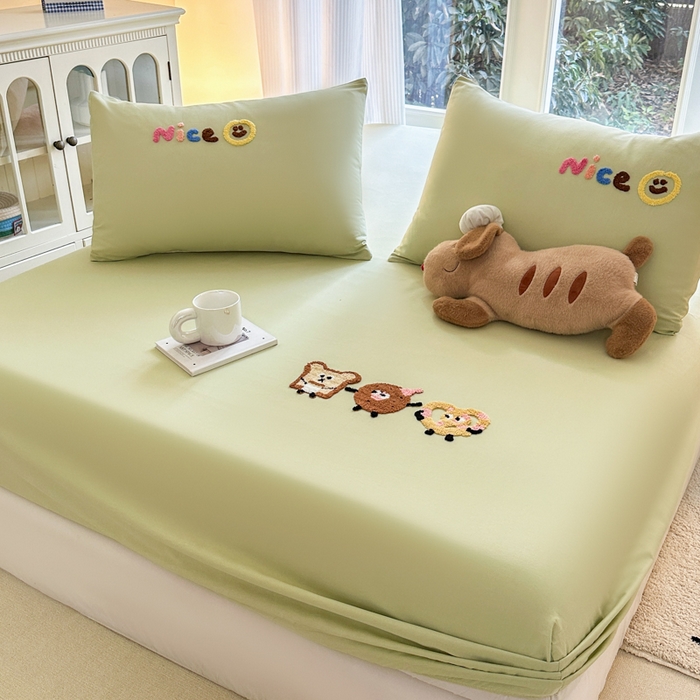 91家纺网 家纺一手货源 找家纺 欣宜家纺 2026新款卡通全棉纯棉纯色绣花床垫保护套罩单床笠床笠单件单品床笠 奶油绿
