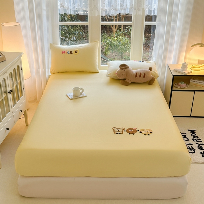 91家纺网 家纺一手货源 找家纺 欣宜家纺 2026新款卡通全棉纯棉纯色绣花床垫保护套罩单床笠床笠单件单品床笠 奶油黄