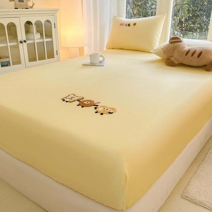 91家纺网 家纺一手货源 找家纺 欣宜家纺 2026新款卡通全棉纯棉纯色绣花床垫保护套罩单床笠床笠单件单品床笠 奶油黄