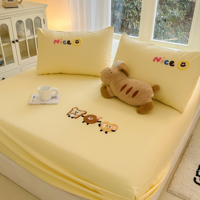 91家纺网 家纺一手货源 找家纺 欣宜家纺 2026新款卡通全棉纯棉纯色绣花床垫保护套罩单床笠床笠单件单品床笠 奶油黄