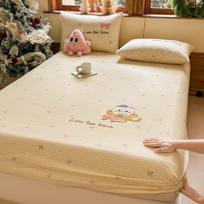 欣宜家纺 2026新款13070全棉纯棉印花绣花卡通床垫保护套罩单床笠床笠单件单品床笠 曲奇黄