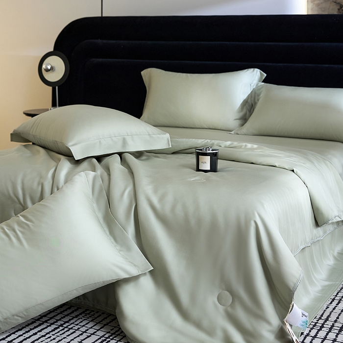 91家纺网 家纺一手货源 找家纺 慕梵家居 2026春夏新款100%莱赛尔天丝夏被空调被夏凉被四件套 悠然绿