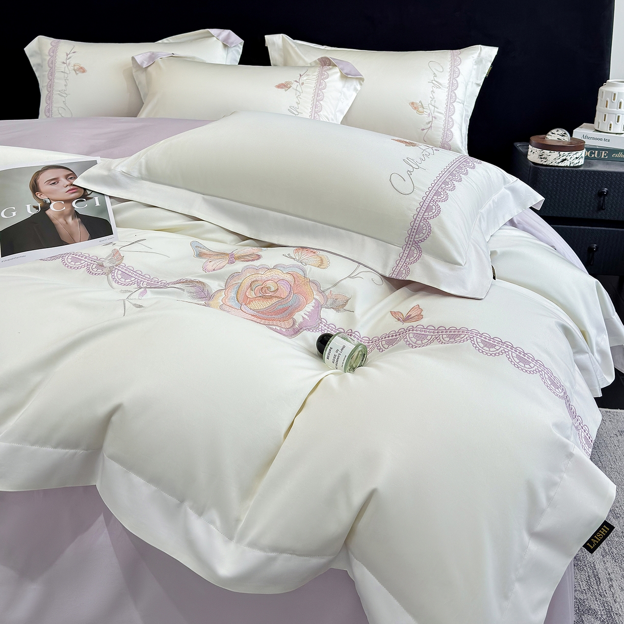 91家纺网 家纺一手货源 找家纺 （总）欣宜家纺 2026新款100支贡缎长绒棉纯棉无纸刺绣软绣花四件套高端礼盒-蝶曼影