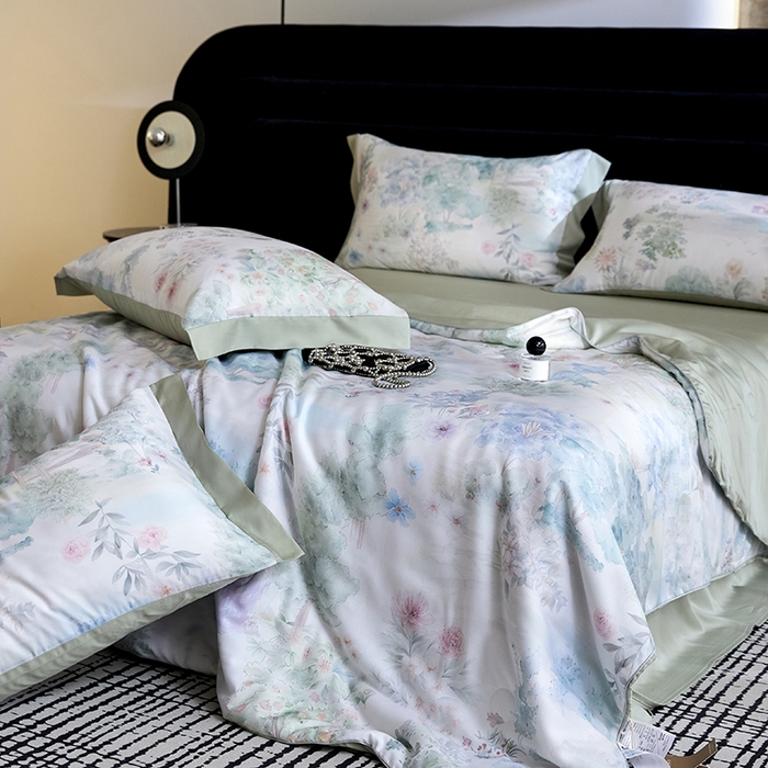 91家纺网 家纺一手货源 找家纺 慕梵家居 2026春夏新款100%莱赛尔天丝夏被空调被夏凉被四件套 早春的树-绿