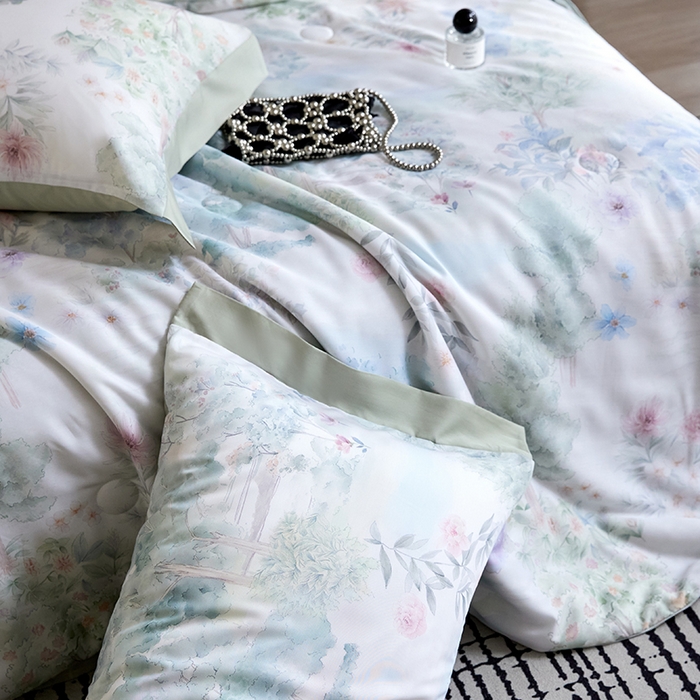 91家纺网 家纺一手货源 找家纺 慕梵家居 2026春夏新款100%莱赛尔天丝夏被空调被夏凉被四件套 早春的树-绿