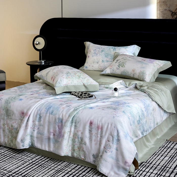 91家纺网 家纺一手货源 找家纺 慕梵家居 2026春夏新款100%莱赛尔天丝夏被空调被夏凉被四件套 早春的树-绿