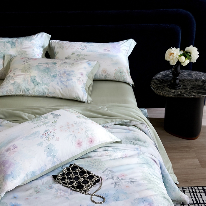 91家纺网 家纺一手货源 找家纺 慕梵家居 2026春夏新款100%莱赛尔天丝夏被空调被夏凉被四件套 早春的树-绿